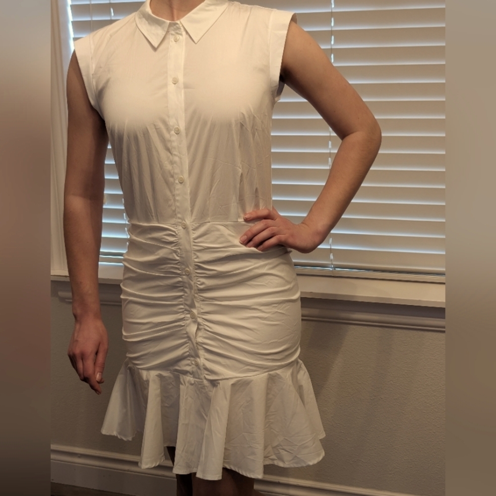Veronica Beard Sleeveless White Ruched Dress